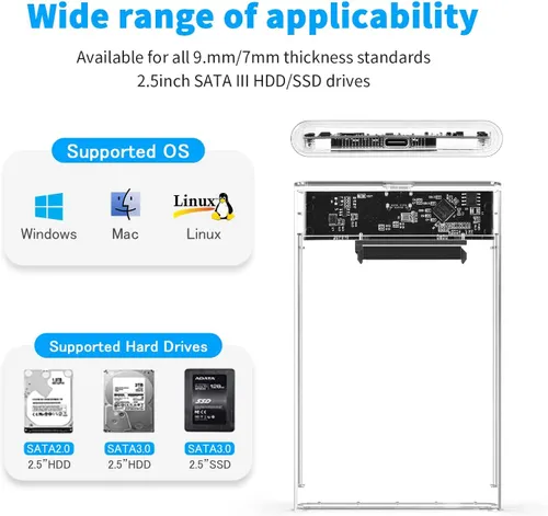 SmartTech 2.5 inch Sata HDD / SSD Hard Drive Enclosure USB 3.1 with Type C OTG Cable Internal Hard Disk Drive Case